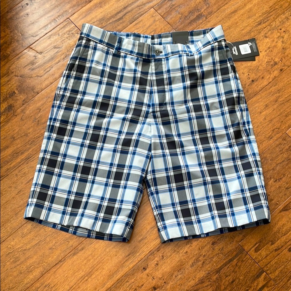 Men's New Plaid Golf Shorts - Black, White, and Blue